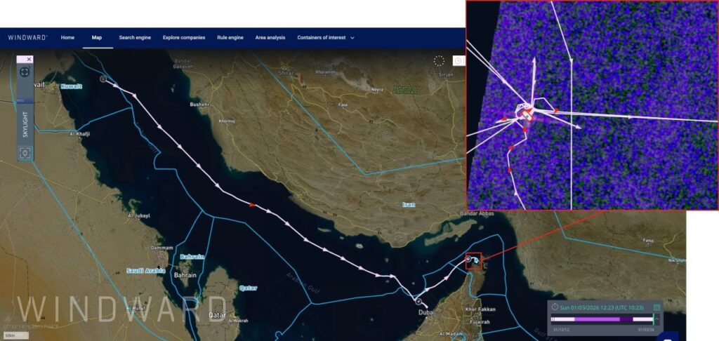SAR image of the SKYLIGHT at 02:05 UTC on Sunday, March 1, confirming its position in the area prior to the reported strike. Source: Windward Remote Sensing Intelligence.