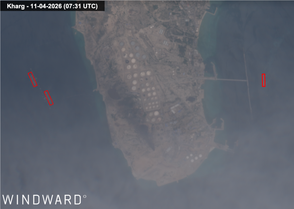 Satellite imagery of three VLCCs at Kharg Island on April 11, 2026. Source: Windward Remote Sensing Intelligence.