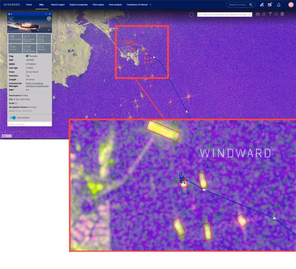 Oceanic Tug anchored hours before departing on its last voyage (SAR imagery)
Source: Windward Maritime AI™ Platform
