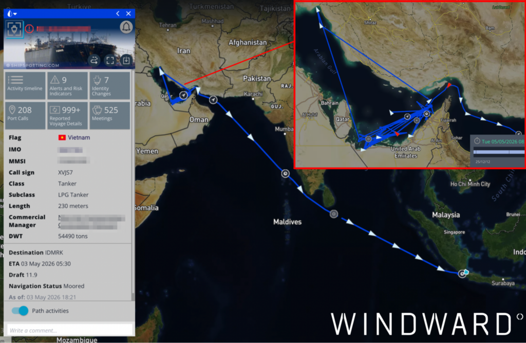 The LPG tanker’s routing and likely spoofed location. Source: Windward Maritime AI™ Platform.