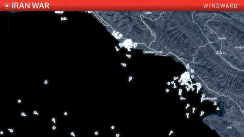 Following the launch of Operation Epic Fury, GPS jamming in the Middle East Gulf caused vessels in the area to broadcast false positions at Iranian ports. Source: Windward Maritime AI™ Platform.