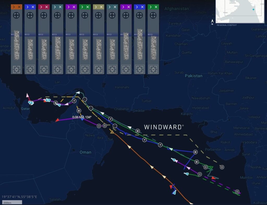 QatarEnergy LNG fleet, all 11 vessels, Strait of Hormuz operations, June 23, 2026. Source: Windward Maritime AI™ Platform.