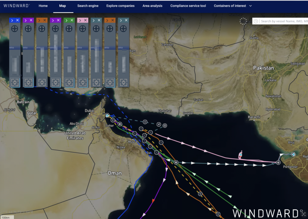 The Fujairah ship-to-ship loading pathway, with tankers running AIS-dark between the Gulf of Oman and terminals west of Hormuz via the southern corridor. Source: Windward Maritime AI™ Platform.
