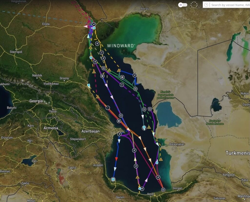 Caspian Sea tanker and cargo vessel activity, showing the sharp spike in Iranian anchorage counts and tanker presence. Source: Windward Maritime AI™ Platform.
