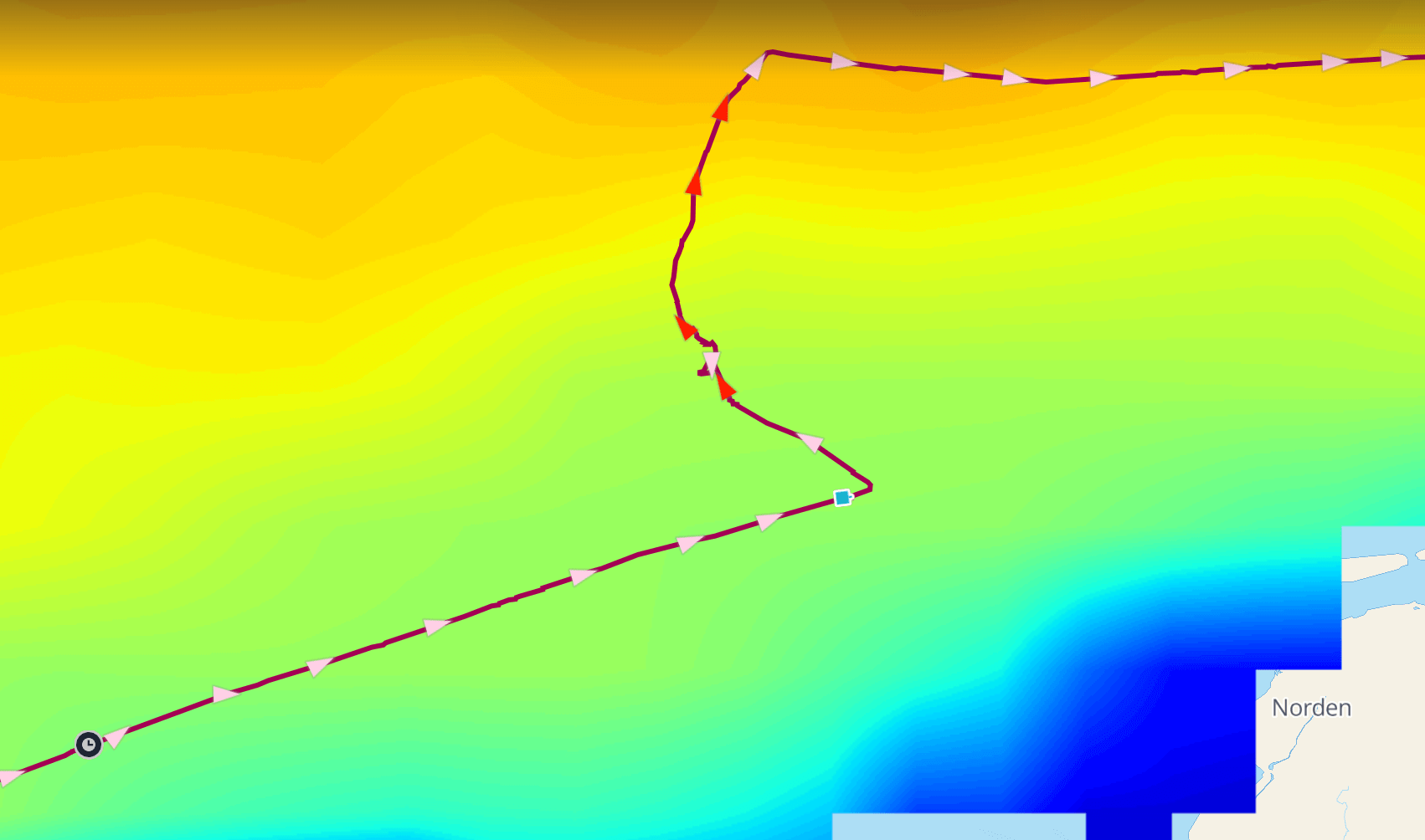 Screenshot from Windward system of color-coded wave heights and vessel path