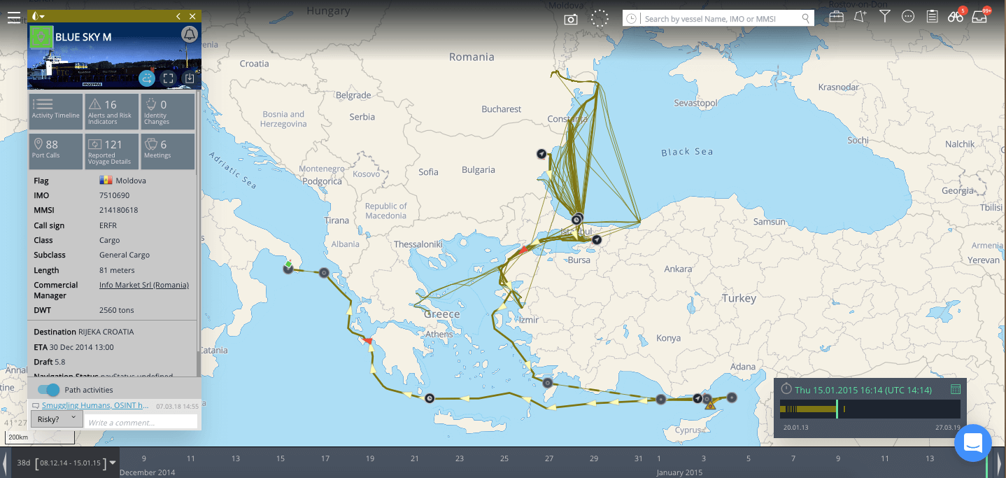 Map showing Blue Sky M vessel path in Turkish waters