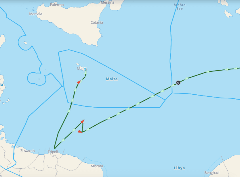 Map showing vessel path off Libya coast