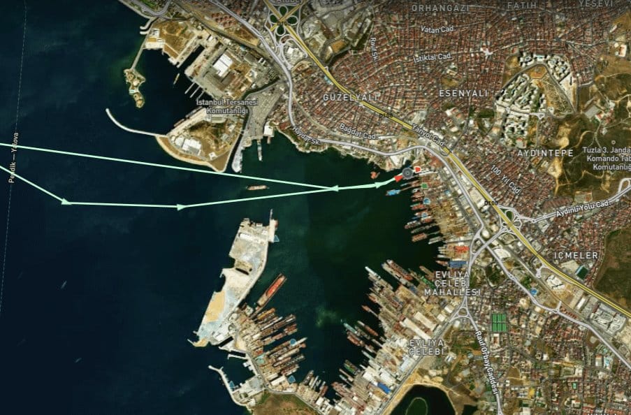 Satellite map image showing vessel path in Tuzla Shipyards