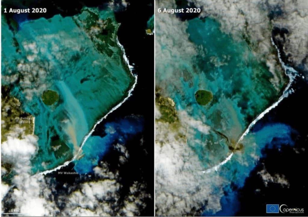 impact of oil spill on Mauritius area Source Copernicus EMSA