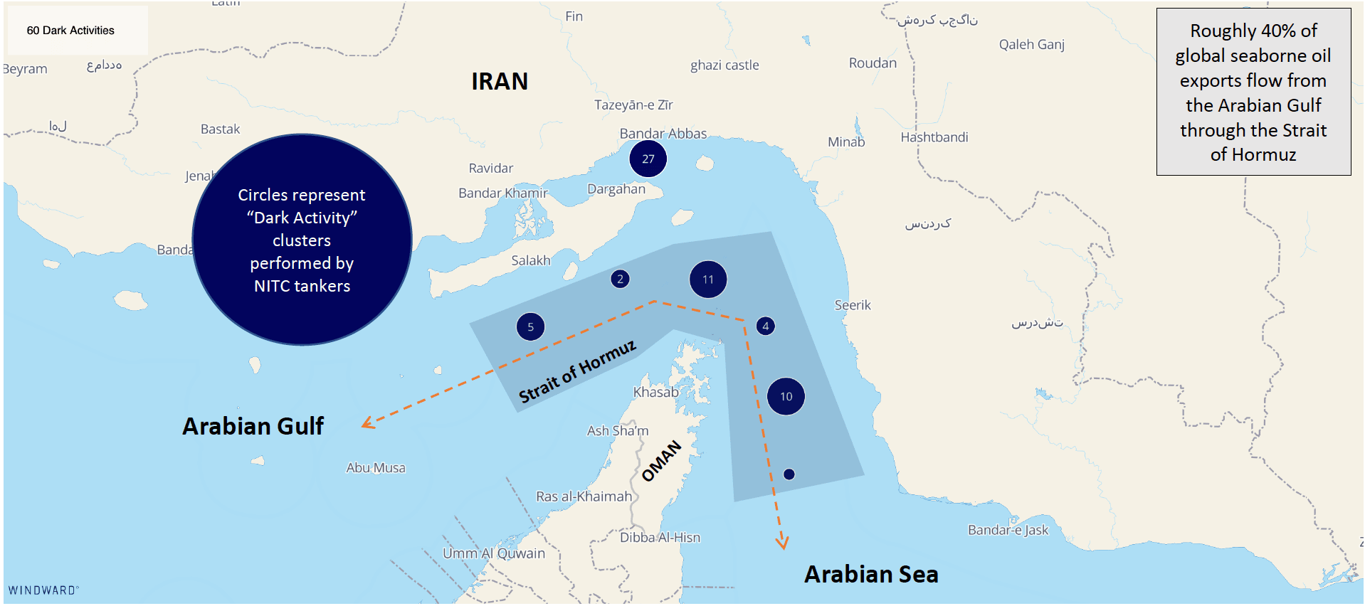 Map with NITC dark activities clusters in the Hormuz Straits