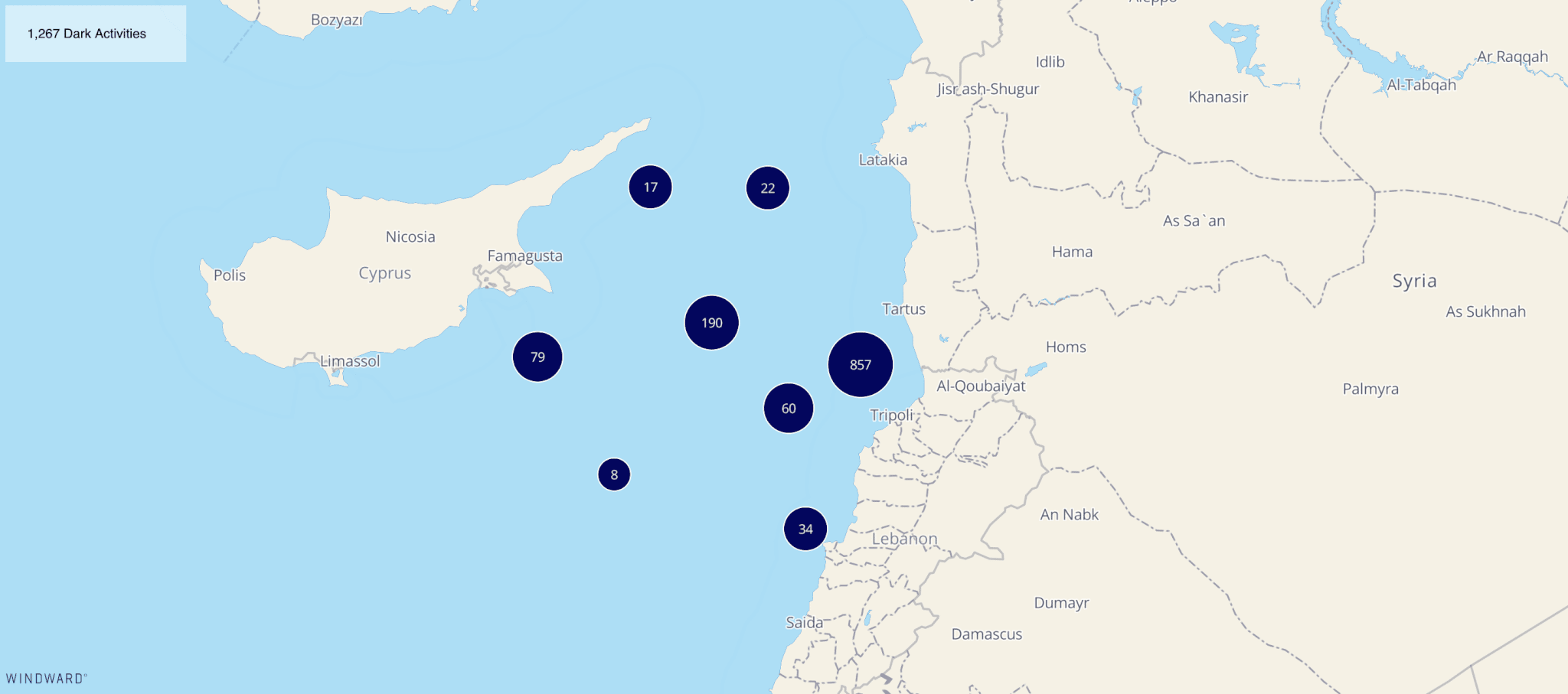 A map showing clustering of dark activities between Syria and Cyprus