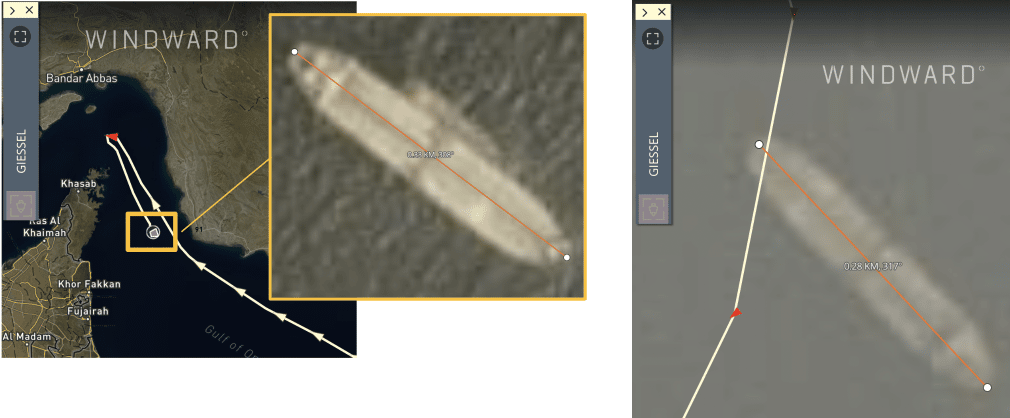 Image 15 The Giessel left on April 26 detected via satellite with a 333 meter length near Khor Fakkan The Giessel right detected three days later with a different length 275 meters