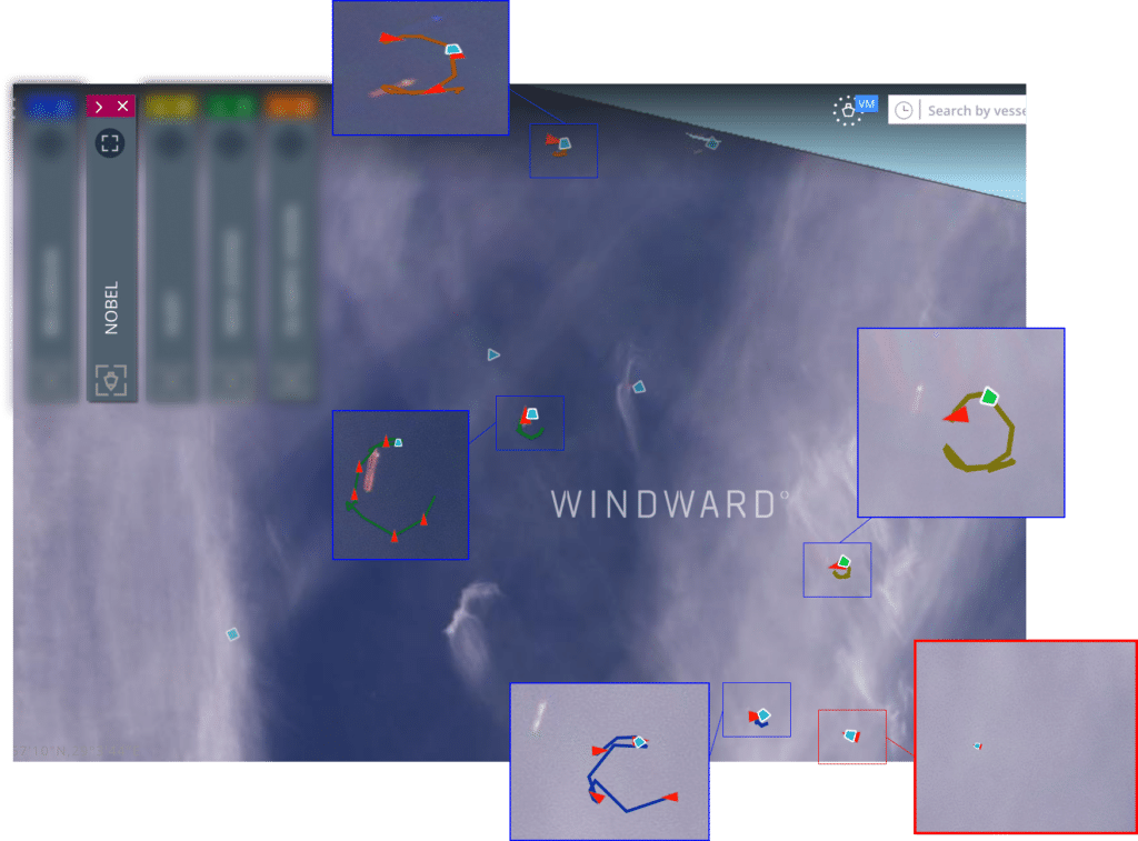 Figure 15 Area of the location tampering The empty red box is where the vessel was supposedly transmitting from the blue boxes show vessels nearby our vessel that are visible in the satellite image