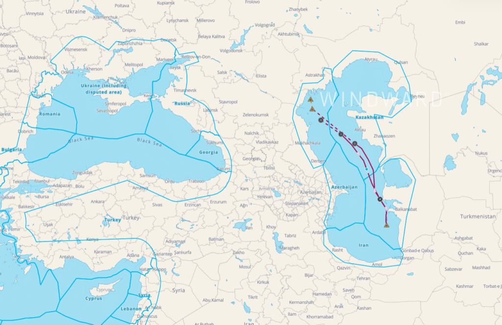 Figure 26 The vessels dark activities on January 8 17 in Turkmenistani waters and January 19 28 in Russian waters
