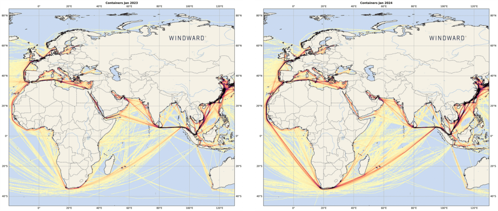 Container Shipping Routes Around Africa Increase in 2024 (2023 on the left, 2204 on the right)