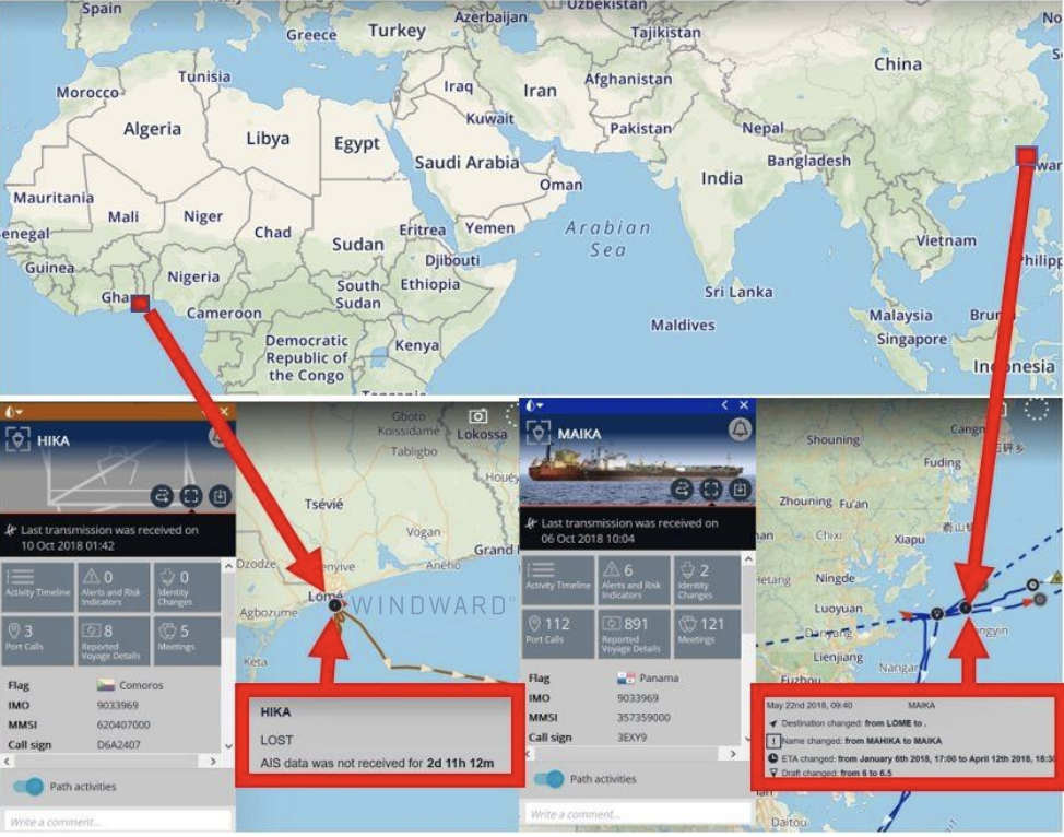 Yuk Tung, a.k.a. Maika, begins spoofing Hika, a.k.a. Mahika. Source: Windward Maritime AI™ Platform