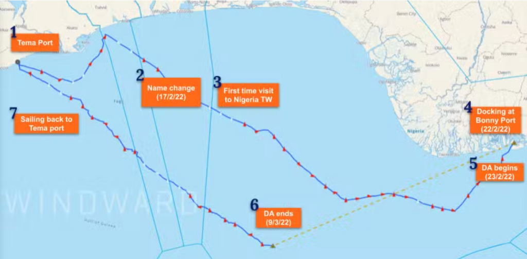 Windward’s platform shows the journey from Ghana to Nigeria and back, including the dark activity.