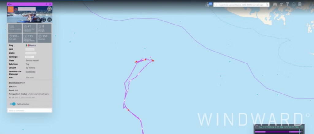 The meeting between the two vessels just outside U.S. waters. Source: Windward Maritime AI™ Platform
