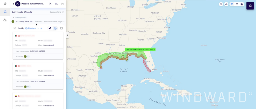 Vessels flagged for potential human trafficking based on behavioral indicators. Source: Windward Maritime AI™ Platform