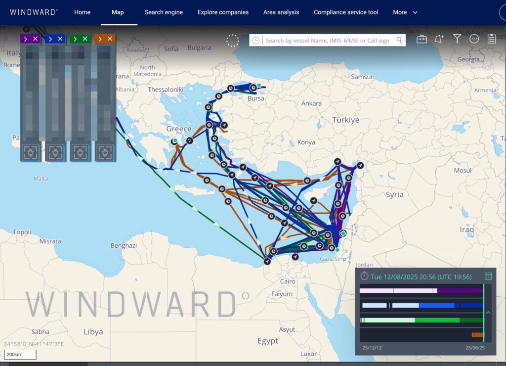 Trajectory of four cargo ships calling between turkey and Israel. Source: Windward