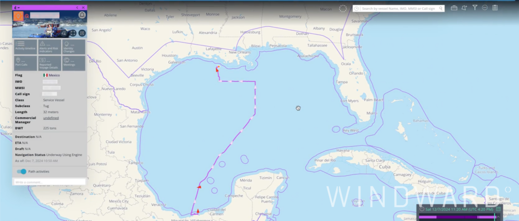 The vessel’s journey from Mexico to its drifting location outside U.S. waters. Source: Windward Maritime AI™ Platform