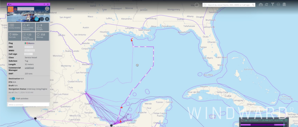 The vessel’s historical sailing paths and its first-of-its-kind journey north through the Gulf. Source: Windward Maritime AI™ Platform