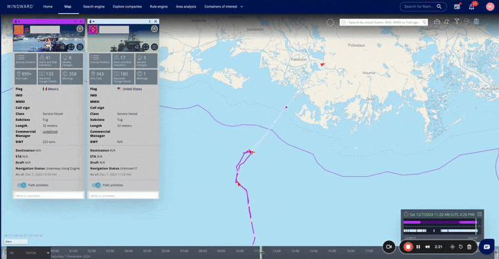 The two vessels meeting right outside U.S. waters before returning to the U.S. and Mexico. Source: Windward Maritime AI™ Platform