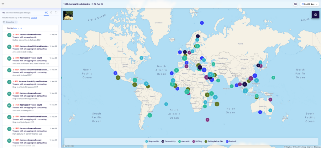 All anomalies involving vessels with smuggling risk over the past 30 days, as of August 12, 2025. Source: Windward Early Detection