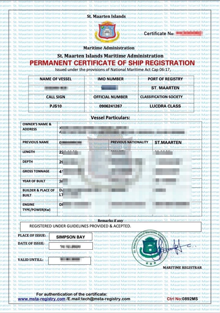 Example of a fake certificate of a flag registration.