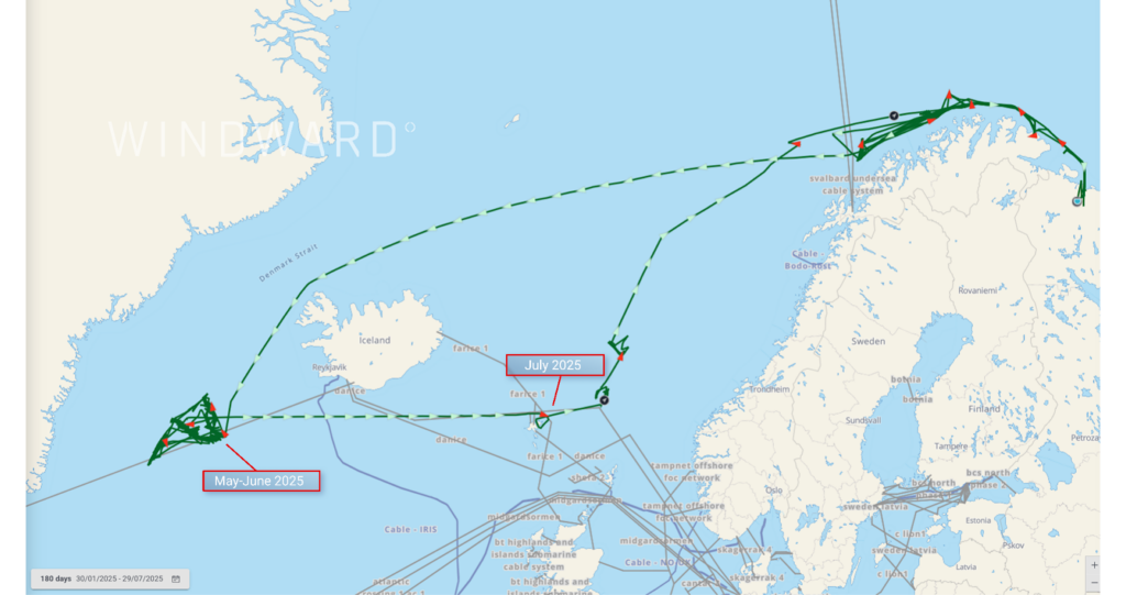 The vessel’s repeated loitering above cables in the North Atlantic. Source: Windward Maritime AI™ Platform