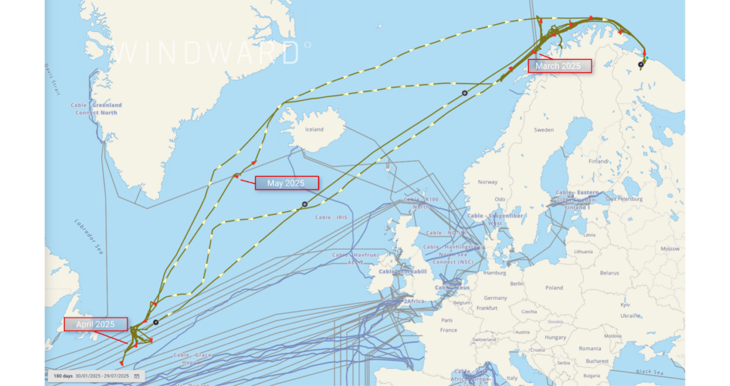 The vessel’s slow-speed activities above cables. Source: Windward Maritime AI™ Platform