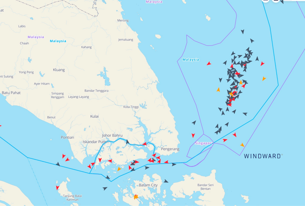Dark fleet tankers shown congregating in the maritime epicenter of lawlessness off Malaysia with EEZ zones delineated in blue and territorial waters in purple. Source: Windward Maritime AI™ Platform