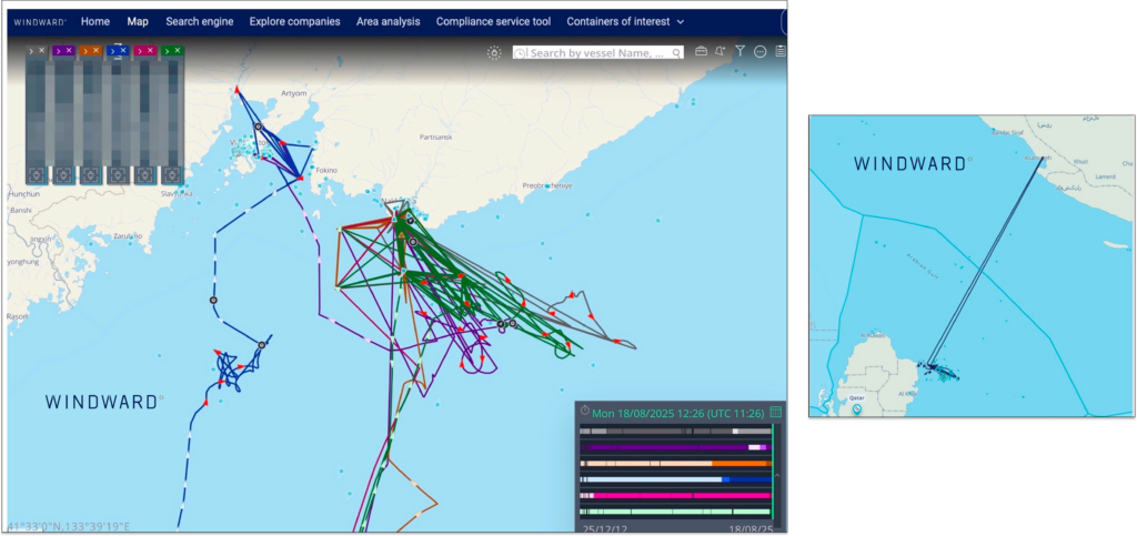 Jamming patterns in the Nakhodka Bay (left) during Q3 2025 and recent electronic interference off Qatar. Source: Windward Maritime AI™ Platfrom