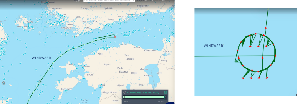 The spoofing LPG tanker appeared to be anchored in the Gulf of Finland for 11 days, but AIS data revealed it was spoofing while calling in Ust Luga. Source: Windward Maritime AI Platform™