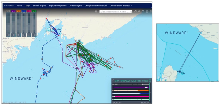 Jamming patterns in the Nakhodka Bay (left) during Q3 2025 and recent electronic interference off Qatar. Source: Windward Maritime AI™ Platform