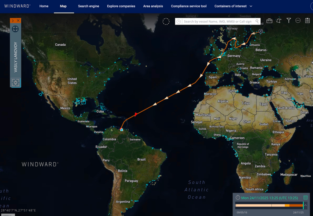 Tracking shows Seahorse’s erratic and changing course while sailing to Venezuela in October, and then again in November as it returned from Cuba. Source: Windward Maritime AI™ Platform