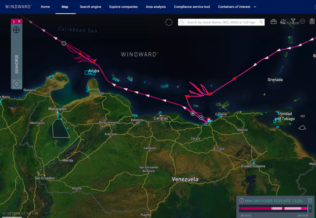 Tracking shows Seahorse’s erratic and changing course while sailing to Venezuela in October, and then again in November as it returned from Cuba. Source: Windward Maritime AI™ Platform