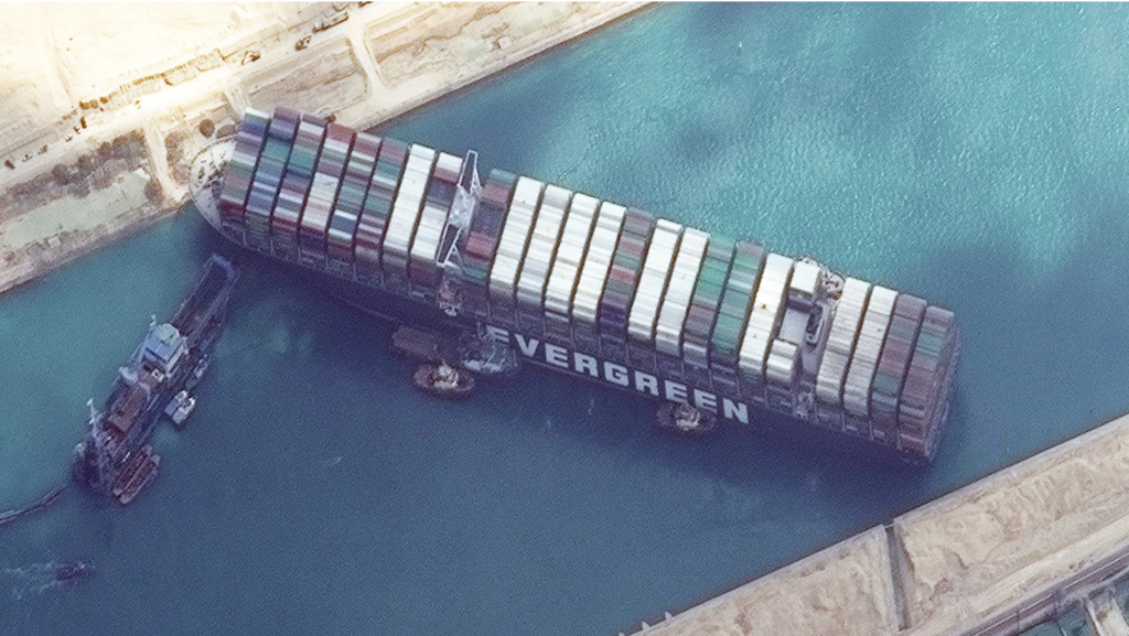 Satellite imagery showing the Ever Given after it ran aground in the Suez Canal on March 25, 2021. Source: Maxar Technologies