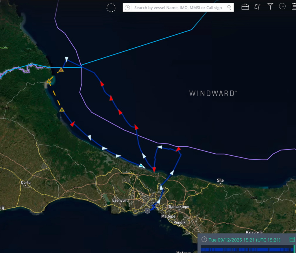 The tug is seen sailing through the Bosporus and then towing Kairos (with AIS switched off) to Bulgaria’s territorial waters (marked with purple line), before sailing back to Türkiye. Source: Windward Maritime AI™ Platform