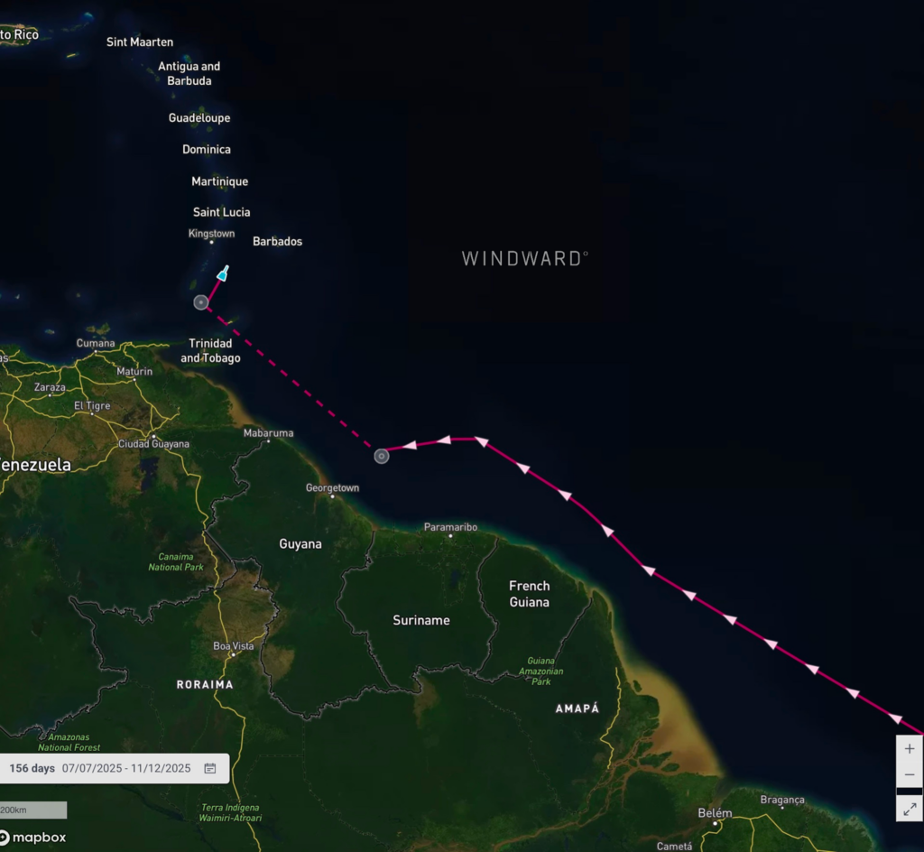 Skipper’s AIS reappeared on December 10, 360 nautical miles from its last spoofed signal off Venezuela. Source: Windward Maritime AI™ Platform