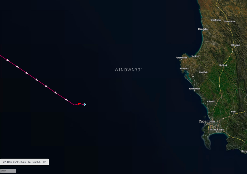 VLCC Tamia slowed and then stopped outside Cape Town shortly after the vessel was sanctioned. Source: Windward Maritime AI™ Platform