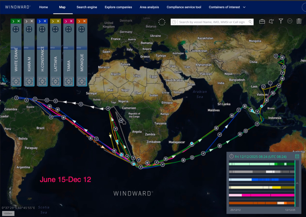 AIS tracks of the Venezuela-trading VLCCs owned by six sanctioned shipowners. Source: Windward Maritime AI™ Platform