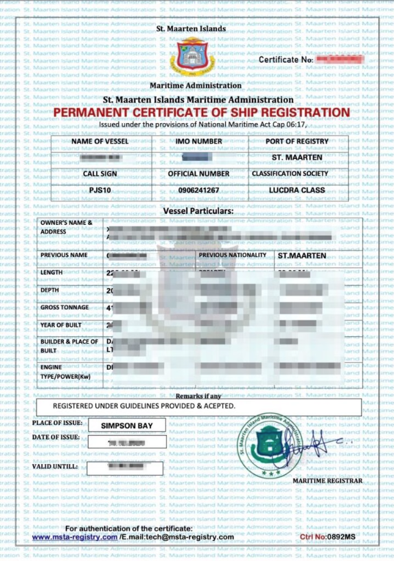 Example of a fake certificate of a flag registration.