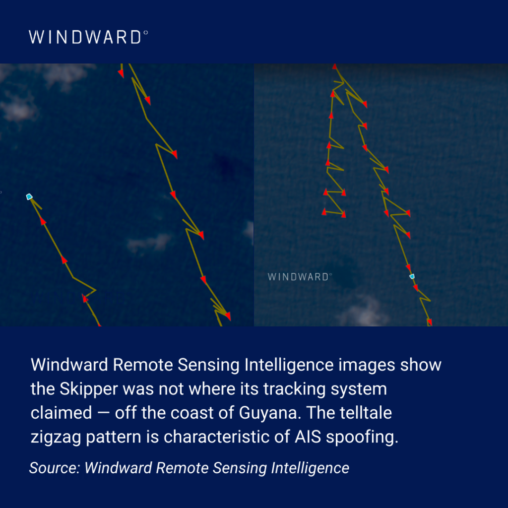 Windward Remote Sensing Intelligence image shows the Skipper was not where its tracking system claimed, off the coast of Guyana.