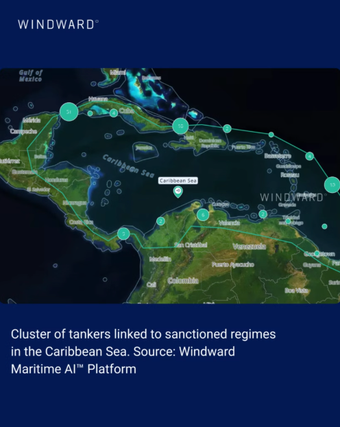 Cluster of tankers linked to sanctioned regimes in the Caribbean Sea. Source: Windward Maritime AI™ Platform