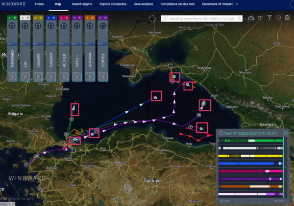 Falsely flagged tankers in the Black Sea at risk of Ukraine drone attack. Source: Windward Maritime AI™ Platform