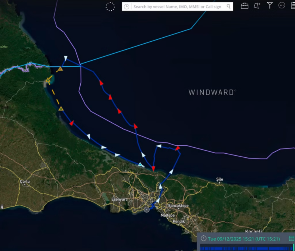 The tug is seen sailing through the Bosporus and then towing Kairos (with AIS switched off) to Bulgaria’s territorial waters (marked with purple line), before sailing back to Türkiye. Source: Windward Maritime AI™ Platform