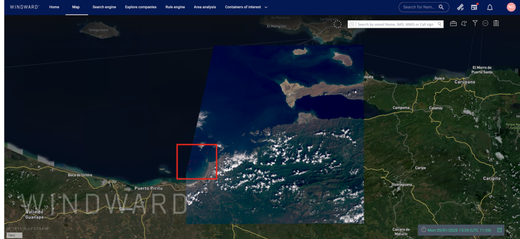 Satellite imagery showing a cluster of activity in Venezuela’s waters on January 5, 2025. Source: Windward Maritime AI™ Platform.