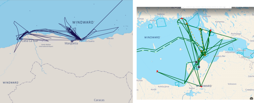 Jamming patterns seen off Venezuela in December (top) during Q4 2025 and recent electronic interference for Russian Baltic ports. Source: Windward Maritime AI™ Platform.