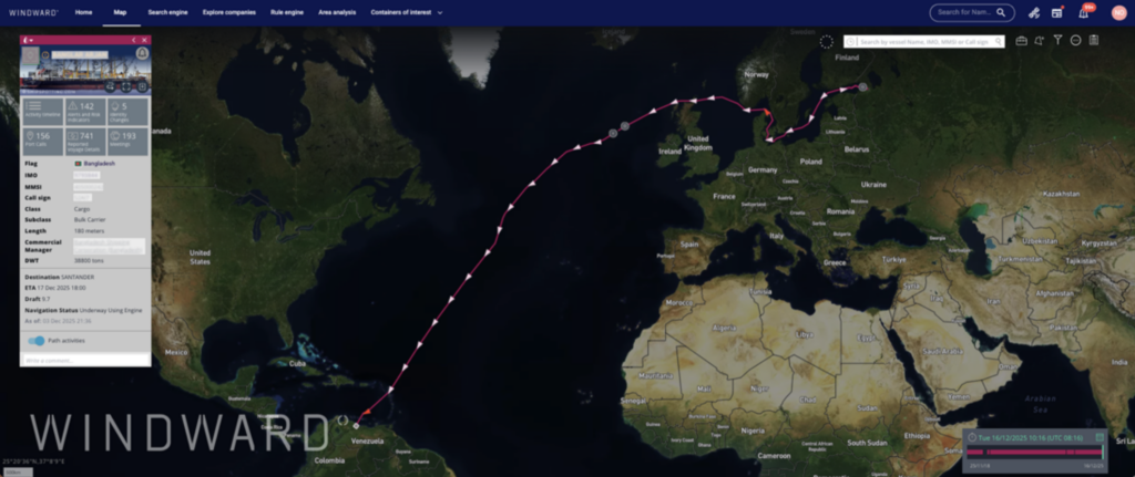 The vessel’s first-ever voyage from St. Petersburg to Venezuela. Source: Windward Maritime AI™ Platform.
